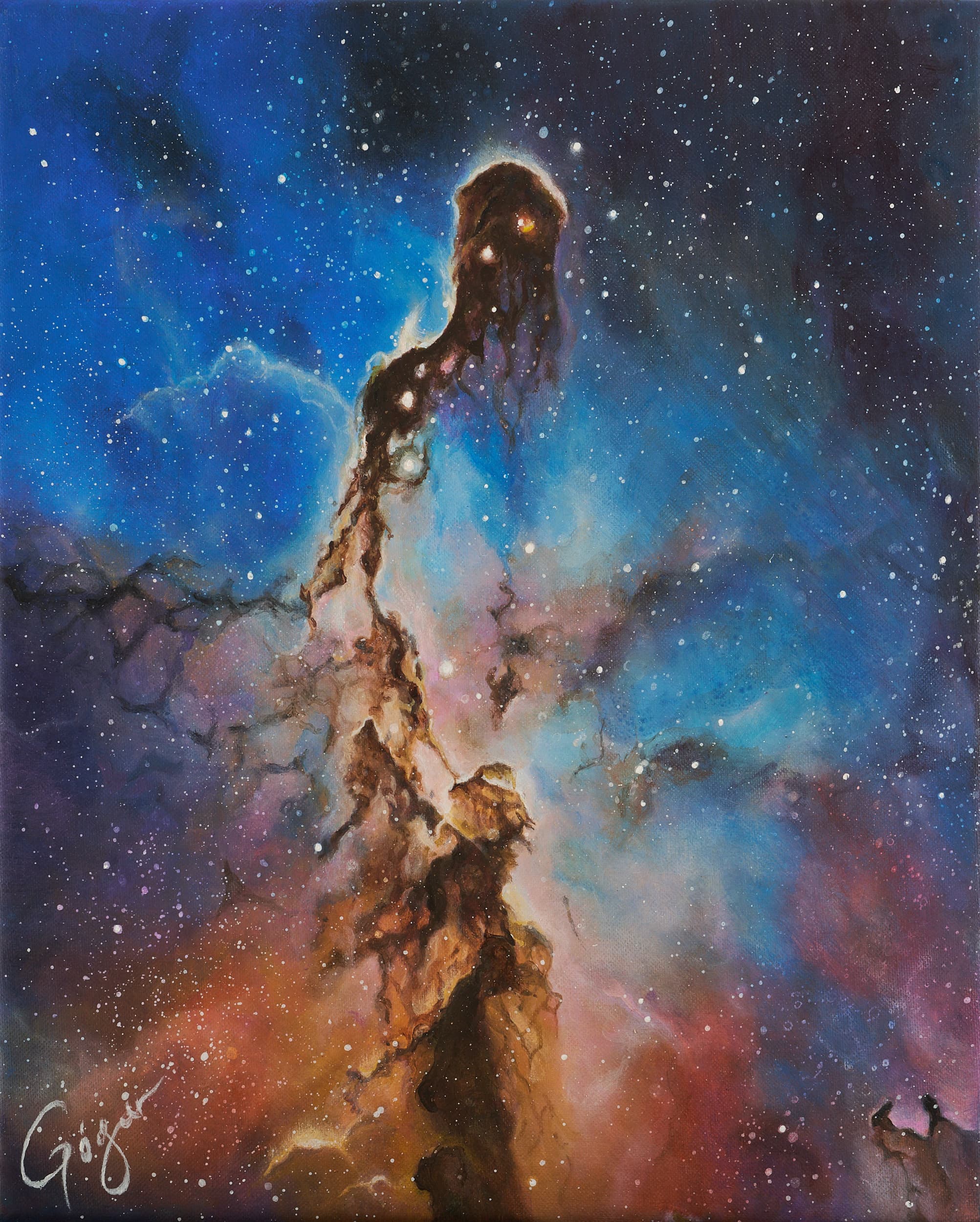 Full view of Elephant's Trunk Nebula II, a vertical painting with a dark pillar-shaped formation surrounded by blue and violet nebular clouds.